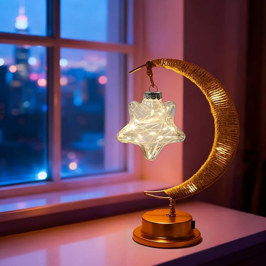 Crescent Moon Table Light with Hanging Star Ramadan Decorative Atmosphere Lamp Battery Operated Suitable for Home Bedroom Shop Party Decoration (HGmoon-WW-Star)