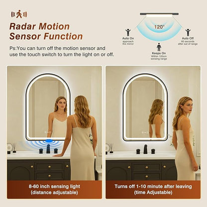 26x40 Inch Arched Black Framed LED Bathroom Mirror with Lights,Smart Bathroom Mirror,Motion Sensor,Tempered Glass,Anti-Fog,Stepless Dimmable & 3 Colors,Memory,Vanity Mirror for Wall