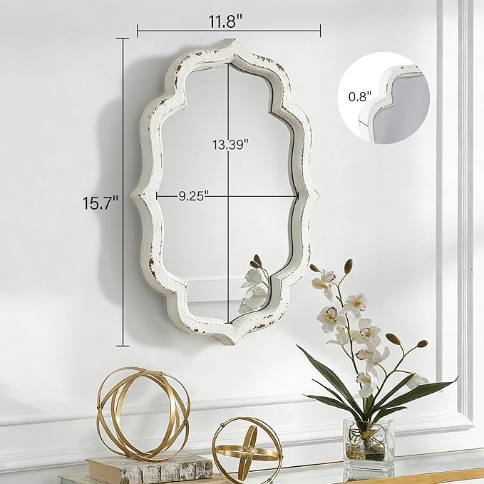 Vintage Small Scalloped Wall Mirror Decorative 16" x 12", Hanging Rustic Distressed White Bathroom Mirrors for Vanity, Farmhouse Wood Quatrefoil Wall Mounted Mirror for Living Room