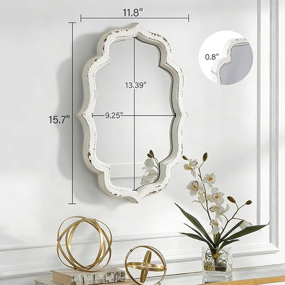 Vintage Small Scalloped Wall Mirror Decorative 16" x 12", Hanging Rustic Distressed White Bathroom Mirrors for Vanity, Farmhouse Wood Quatrefoil Wall Mounted Mirror for Living Room