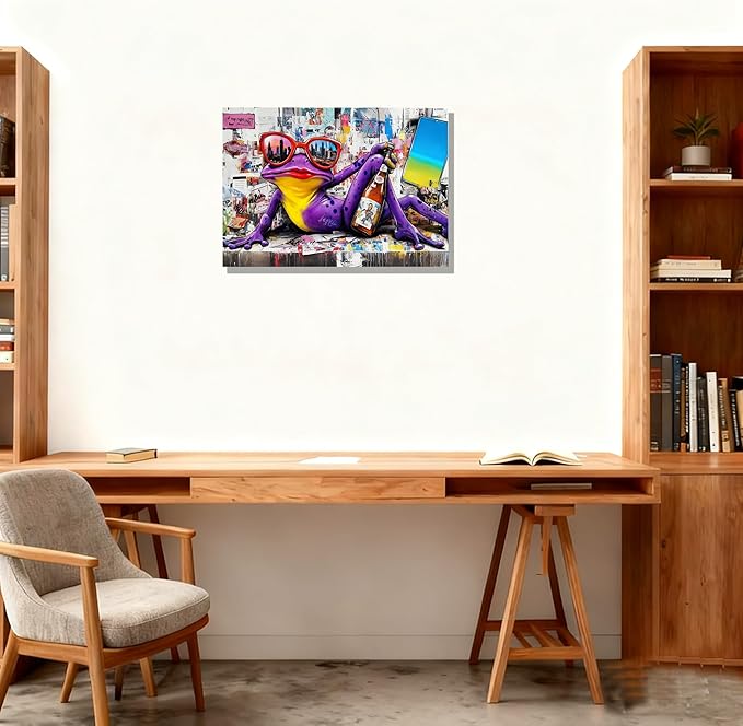 12x16 Urban Graffiti Purple Frog with Sunglasses Wall Art Canvas Painting Gallery Pop Art Street Artwork Decor Teen Little Boys Room Pictures Kids Bedroom Men Office Living room Framed Posters