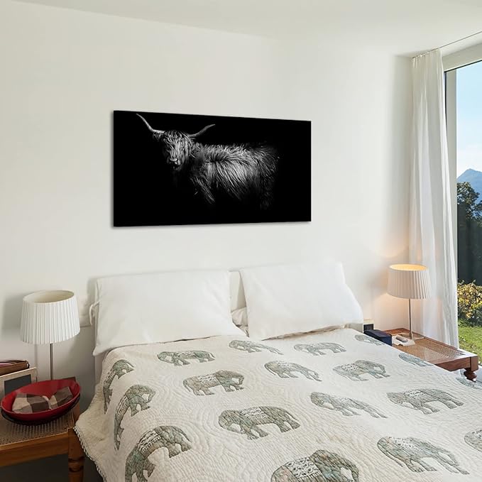 LevvArts Black and White Wall Art Canvas Highland Cow Pictures Painting Farm Animal Portrait Art Poster Artwork for Living Room Bedroom Modern Home Decor Ready to Hang 24"x48"
