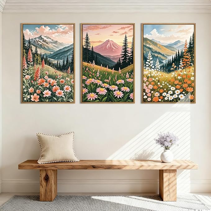 ANHUIB Extra Large Wildflower Wall Art Boho Wildflower Wall Decor 24x36 Inch Colorful Mountain Wall Art Set of 3 for Living Room Bedroom Dining Room