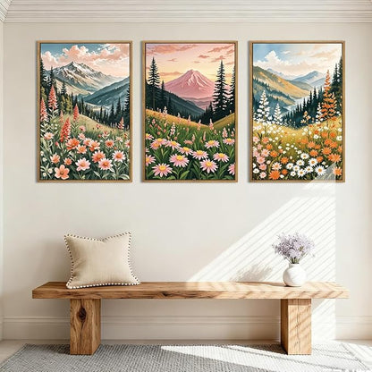 ANHUIB Extra Large Wildflower Wall Art Boho Wildflower Wall Decor 24x36 Inch Colorful Mountain Wall Art Set of 3 for Living Room Bedroom Dining Room