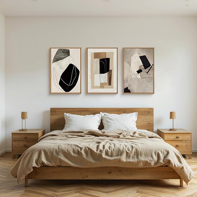 Abstract Modern Geometric Framed Canvas Wall Art Set,Neutral Tone Beige Black Brown Wall Decor,Minimalist Textured Line Shape Artwork for Living Room, Bedroom,Farmhouse-16 x24 x3