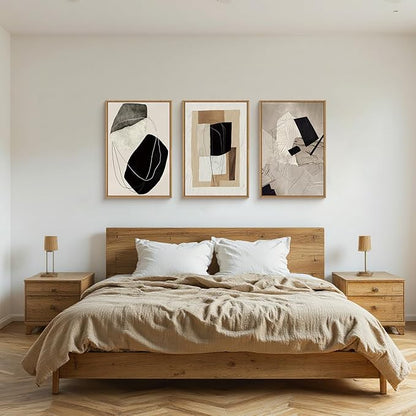 Abstract Modern Geometric Framed Canvas Wall Art Set,Neutral Tone Beige Black Brown Wall Decor,Minimalist Textured Line Shape Artwork for Living Room, Bedroom,Farmhouse-16 x24 x3