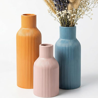 Colorful Ceramic Vases Set of 3, Smooth Round Vertical Ribbed,Minimalist for Pampas Dried & Fresh Flowers, Centerpiece for Living Room, Shelf, Entryway, Wedding(Pink, Blue, Orange)