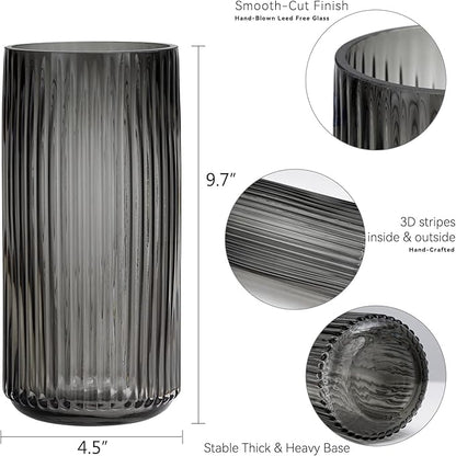 TIMEFOTO Flower Vase 10 inch Grey Thickened Hand Blow Glass Vase Round Vintage Striped Bottles for Bookshelf,Dinner Table,Indoor Office Desktop,Meeting Room,Bathroom,Countertop,Home