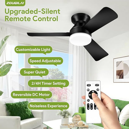 35" Black Ceiling Fans with Lights and Remote, Low Profile Ceiling Fan with Light, Reversible DC Motors, 3CCT Dimmable Timer Noiseless, Flush Mount Ceiling Fan for Bedroom/Living Room