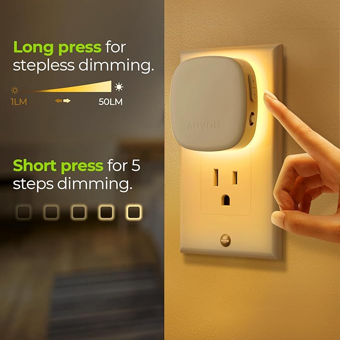 AUVON Plug-in LED Backlit Night Light with Motion Sensor & Dusk to Dawn Sensor, 2700K Soft Warm White Nightlight with 1-50lm Dimmable Brightness for Adults & Kids' Bedroom, Bathroom, Hallway (4 Packs)