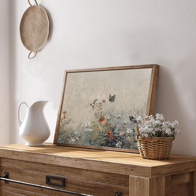 Uniro Vintage Wall Art Prints for Home Decor, Farmhouse Spring Wildflower Landscape Wall Decor, Rustic Country Bird and Butterfly in Flower Field Canvas Prints, Vintage Botanical Oil Painting Vintage Art Pictures for Bedroom Bathroom Decor( 8" x 10"-UN...