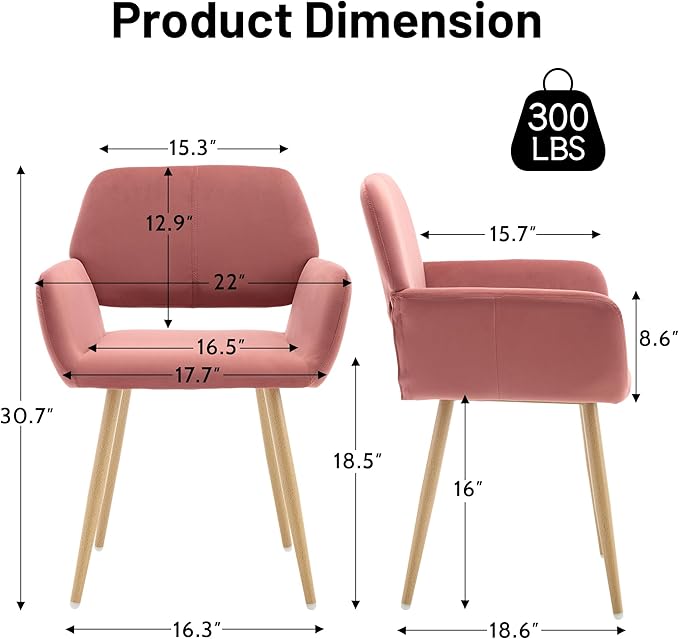 KCC Small Modern Dining Room Arm Chairs Set of 2, Mid-Century Upholstered Velvet Side Seat Club Guest with Metal Tube Legs for Kitchen, Living Room, Rose