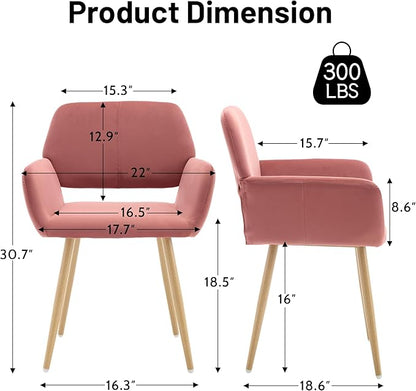 KCC Small Modern Dining Room Arm Chairs Set of 2, Mid-Century Upholstered Velvet Side Seat Club Guest with Metal Tube Legs for Kitchen, Living Room, Rose