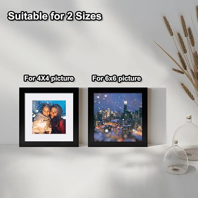 Egofine 6x6 Picture Frames Set of 4, Made of Solid Wood Covered by Plexiglass Display 4x4 with Mat or 6x6 without Mat, for Table Top Display and Wall Mounting Photo Frame, Black