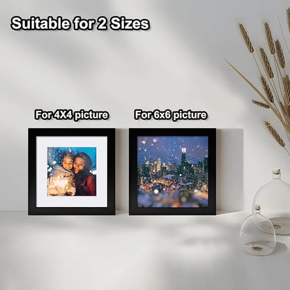 Egofine 6x6 Picture Frames Set of 4, Made of Solid Wood Covered by Plexiglass Display 4x4 with Mat or 6x6 without Mat, for Table Top Display and Wall Mounting Photo Frame, Black
