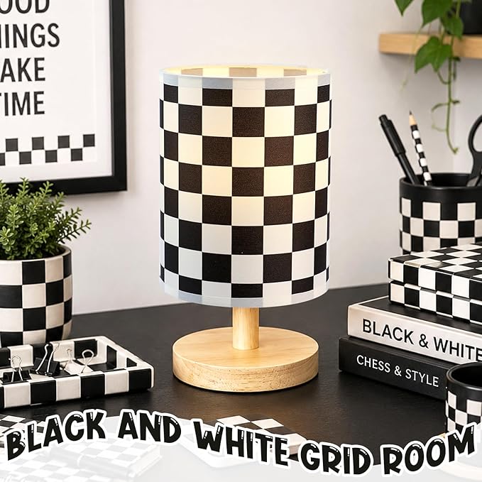 Black White Checkered Table Lamp for Bedroom Kids Bedside Lamp with Linen Wooden Nightstand Cartoon Nursery Lampshade for Checkered Decor