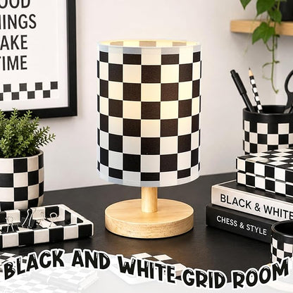 Black White Checkered Table Lamp for Bedroom Kids Bedside Lamp with Linen Wooden Nightstand Cartoon Nursery Lampshade for Checkered Decor