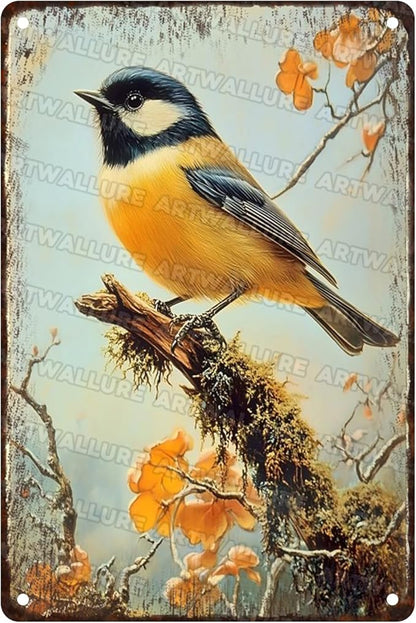 Metal Chickadee Bird Vintage Tin Sign for Home Living Room Kitchen Garden Bedroom Office Hotel Cafe And Pub Decoration 8x12inch