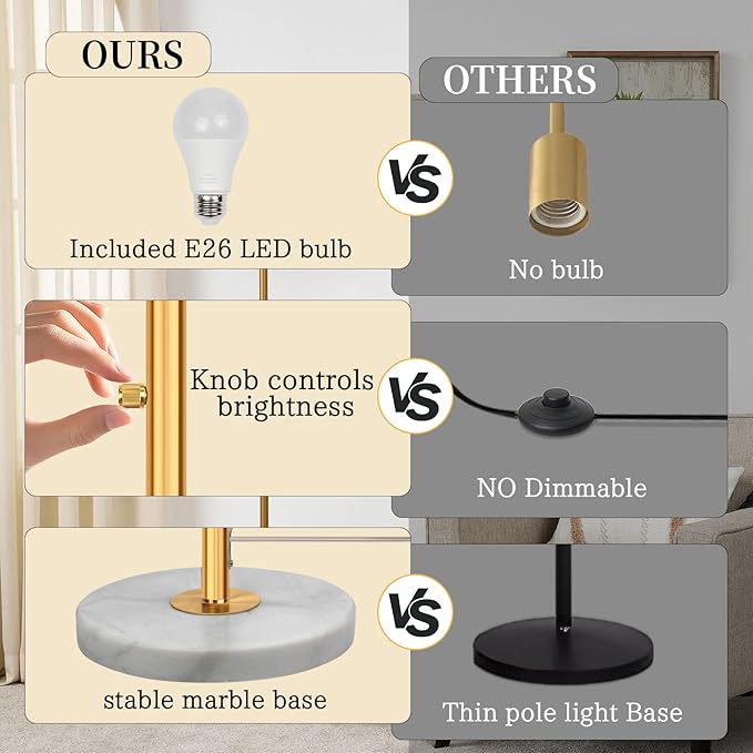 Gold Marble Floor Lamp, Dimmable 63.7" Tall Pole Standing Lamp with White Linen Shade, Modern Floor Lamp for Living Room Bedroom Office, Stepless Dimming, LED Bulb Included
