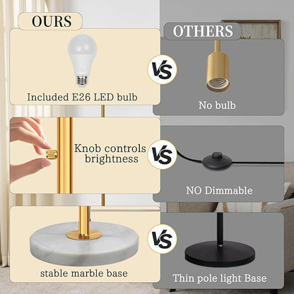 Gold Marble Floor Lamp, Dimmable 63.7" Tall Pole Standing Lamp with White Linen Shade, Modern Floor Lamp for Living Room Bedroom Office, Stepless Dimming, LED Bulb Included