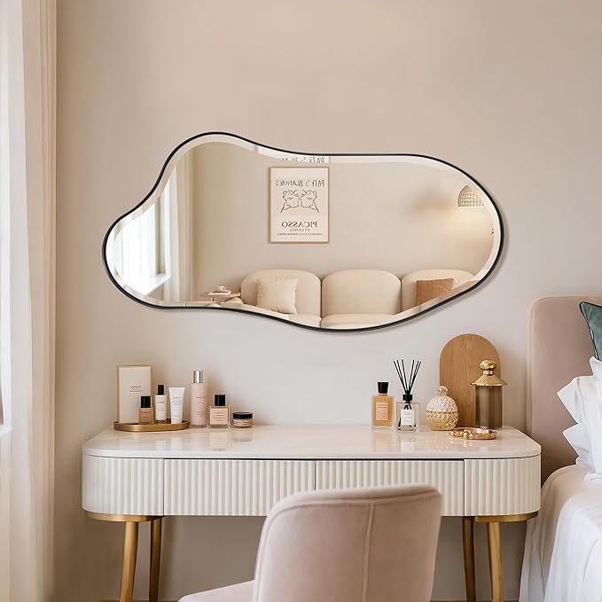 POZINO Irregular Beveled Mirror, 40"x20" Premium Asymmetrical Wall Mirror with Metal Frame, Modern Organic Shaped Mirrors for Living Room Bathroom Bedroom Hallway Entryway, Horizontal/Vertical Hanging