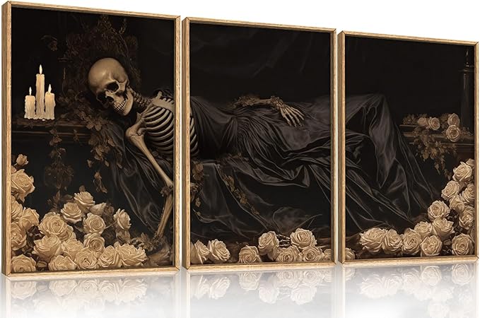 Spooky Halloween Dark Gothic Skull Framed Canvas Wall Art Set,Vintage Skeleton Wall Decor,Moody White Roses Candle with Silk Drape Artwork for Living Room,Bedroom,Farmhouse-16 x24 x3