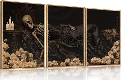 Spooky Halloween Dark Gothic Skull Framed Canvas Wall Art Set,Vintage Skeleton Wall Decor,Moody White Roses Candle with Silk Drape Artwork for Living Room,Bedroom,Farmhouse-24 x36 x3