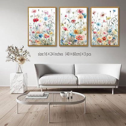 KISSFOX Framed Colorful Wildflower Canvas Wall Art Set Of 3 Flowers Pictures Prints Flowers Printing Floral Watercolors Flower wall Decor Living Room Girls Bedroom Bathroom