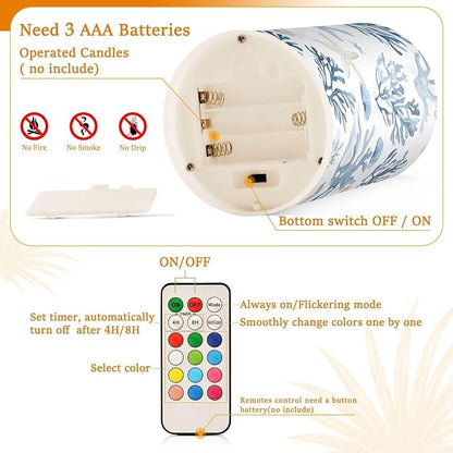 ALAZA Coastal Sea Star Coral Nautical Flickering Flameless Candles Battery Operated with Remote Timer,Tea Light Candles LED Pillar Votive Candles Set of 2 for Outdoor Indoor Decorations