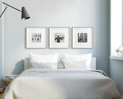 Kate and Laurel Gibson Modern Wall Picture Frame Set of 3; 16x16 matted to 8x8; Black and White; Three-Piece Frame Set for Gallery Wall Frame Set in Living Room Wall Décor
