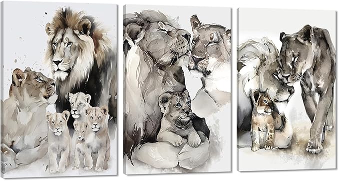Large Wall Art Lion Family Pictures Wall Decor Artwork 3 Pieces Wild Animal Portrait Posters Watercolor Style Lion Prints for Living Room Office Decor Framed, 24"x36"x3