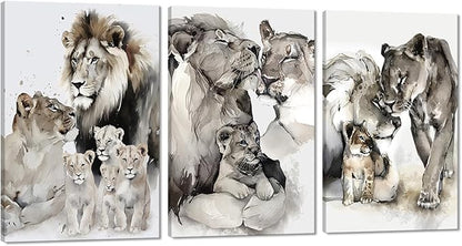 Large Wall Art Lion Family Pictures Wall Decor Artwork 3 Pieces Wild Animal Portrait Posters Watercolor Style Lion Prints for Living Room Office Decor Framed, 24"x36"x3