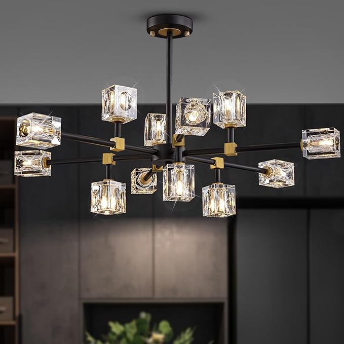 Modern Crystal Chandelier with 12 Lights, Black and Gold Sputnik Chandeliers for Dining Room Modern Sputnik Chandelier Pendant Light fixtures for Living Room,Entryway,Kitchen Island, Bedroom