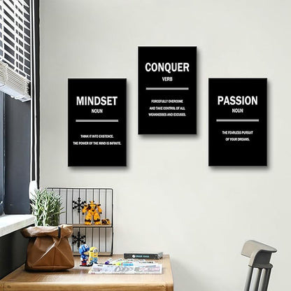 3 Pieces Motivational Canvas Wall Art Mindset Conquer Passion Picture Painting Entrepreneur quotes Posters Print Artwork for Office Classroom Wall Decoration Stretched and Framed [48''W x 24''H]