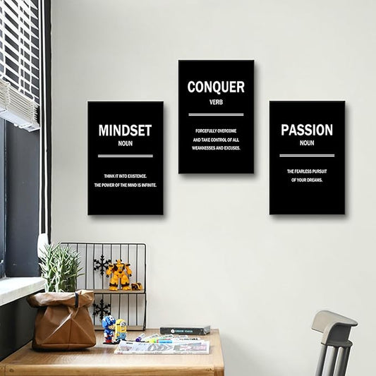 3 Pieces Motivational Canvas Wall Art Mindset Conquer Passion Picture Painting Entrepreneur quotes Posters Print Artwork for Office Classroom Wall Decoration Stretched and Framed [48''W x 24''H]