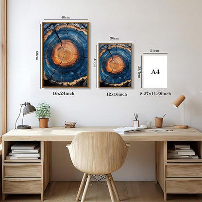 IBHJSART Framed Tree Ring Canvas Wall Art Blue Wall Art Wood Stump Painting Prints Modern Minimalist Pictures Neutral Nature Rustic Farmhouse Decor Living Room Bedroom Bathroom Office