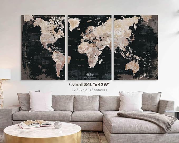 Wall Art Office Wall Decor Living Room Pictures Black Canvas Vintage Paintings Push Pin World Map Bedroom Dining Room Kitchen Inspirational Decor Giant Artworks