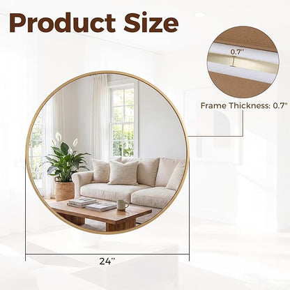 NEWBULIG 24 Inch Round Wall Mirror, Bathroom Mirror for Over Sink, Matte Metal Framed Circle Vanity Mirror, Wall Decor for Bedroom, Anti-Rust, Tempered Glass, Hanging or Leaning, Classic Gold