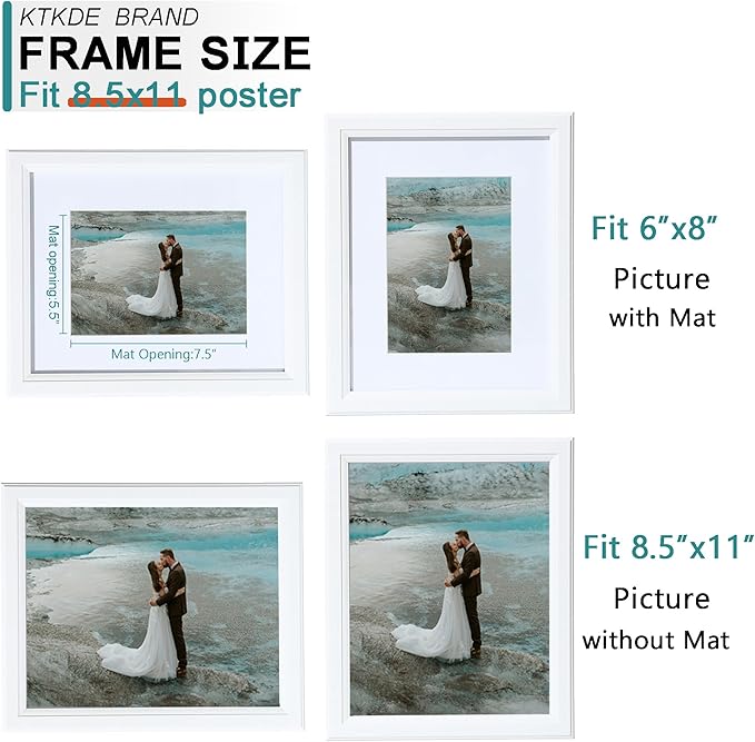KTKDE 8.5X11 Picture Frame,Display Pictures 6x8 with Mat or 8.5x11in Without, Tempered Glass, 8.5 by 11 White Wooden Frames Wall or Tabletop Frame,Certificate Document Diploma Award Frame best gift