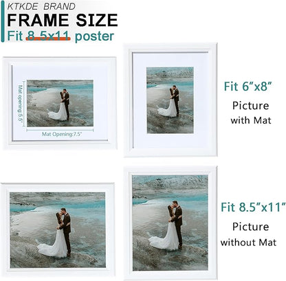 KTKDE 8.5X11 Picture Frame,Display Pictures 6x8 with Mat or 8.5x11in Without, Tempered Glass, 8.5 by 11 White Wooden Frames Wall or Tabletop Frame,Certificate Document Diploma Award Frame best gift