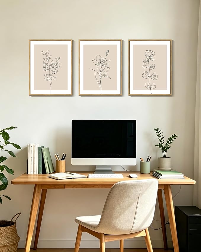 Drsoum Black Line Flower Wall Art Vintage Floral Minimalist Wall Hanging Decor Bohemain Botanical Prints Artwork for Office Dining Room Hallway 11x14in Natural Framed