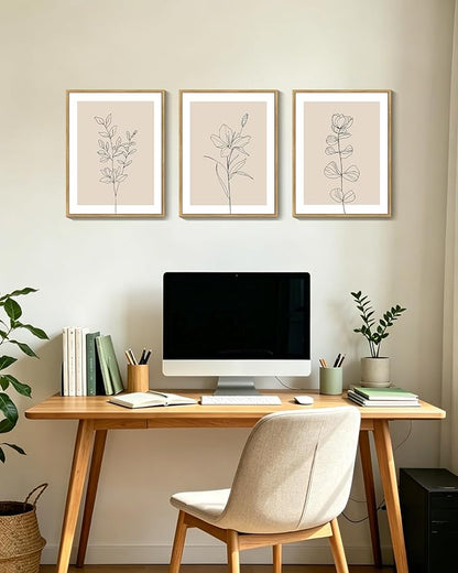 Drsoum Black Line Flower Wall Art Vintage Floral Minimalist Wall Hanging Decor Bohemain Botanical Prints Artwork for Office Dining Room Hallway 11x14in Natural Framed