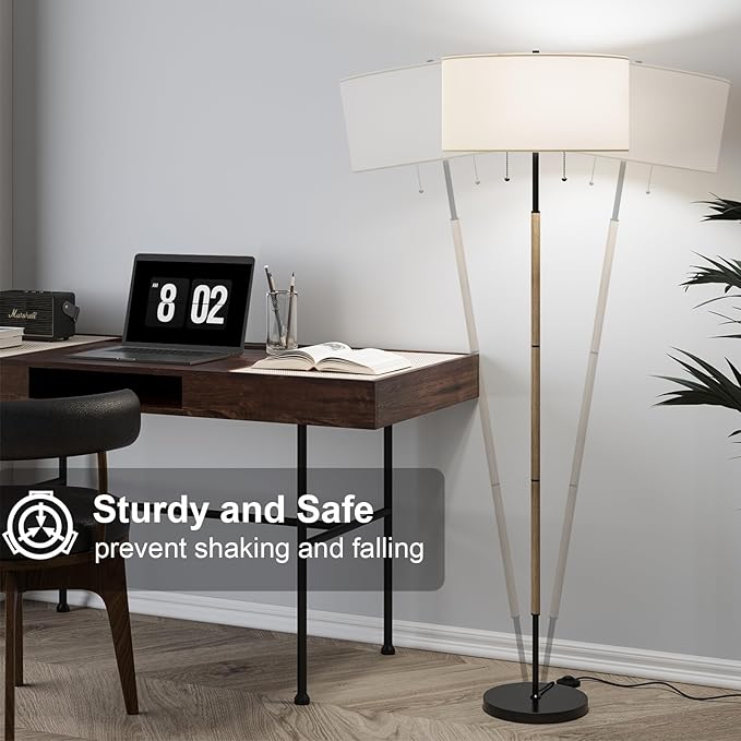 Karjoefar 2-Light Floor Lamp, Mid Century Floor Lamp with White Fabric Shade, Standing Lamp Tall Lamp for Living Room Bedroom, 3 Color Temperatures 9W Bulb Include