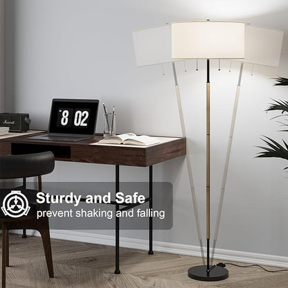Karjoefar 2-Light Floor Lamp, Mid Century Floor Lamp with White Fabric Shade, Standing Lamp Tall Lamp for Living Room Bedroom, 3 Color Temperatures 9W Bulb Include