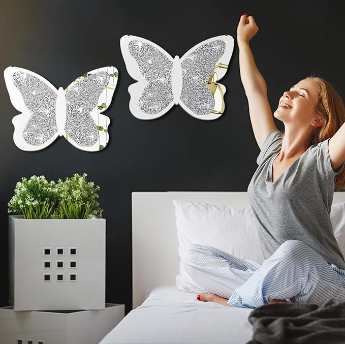 Vesici 2 Pieces Butterfly Shaped Mirror Crystal Crushed Diamond Silver Mirror Silver Wall Decor for Living Room Modern Decorative Artwork for Nursery Wedding Decor(19.69 x 14.57 Inch)