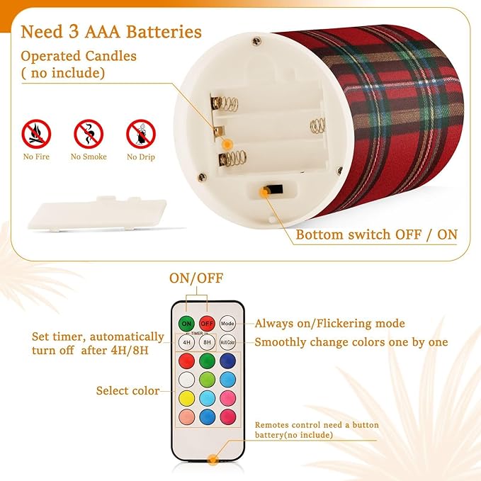 ALAZA Holiday Red Green Buffalo Tartan Plaid Flickering Flameless Candles Battery Operated with Remote Timer,Tea Light Candles LED Pillar Votive Candles Set of 2 for Outdoor Indoor Decorations