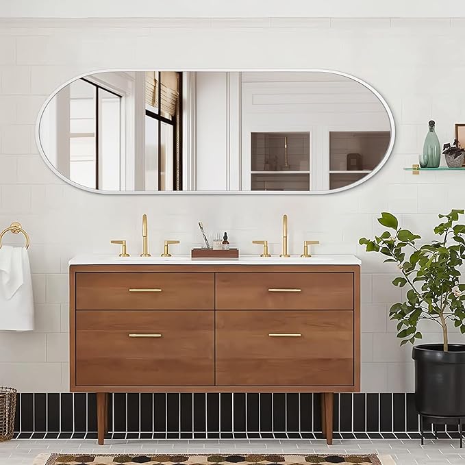 Oval Bathroom Mirror 48 x 16 Inch, Large White Full Length Mirror, Oval Pill Shaped Vanity Mirror Metal Framed Aluminum Frame Decor Vanity Living Room Entryway