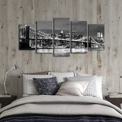 Wieco Art New York Brooklyn Bridge Canvas Wall Art Night View 5 Panels Modern Landscape Artwork Canvas Prints Abstract Pictures to Photo Canvas Wall Decor for Home & Office Decorations