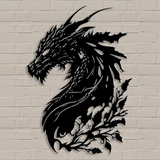 Benziso Dragon Metal Wall Art Medieval Decor Fantasy Decorations for Living Room Bedroom Office Man Cave Decor for Men Dragon Lover's Gifts (14.2 In X 11.4 In Black