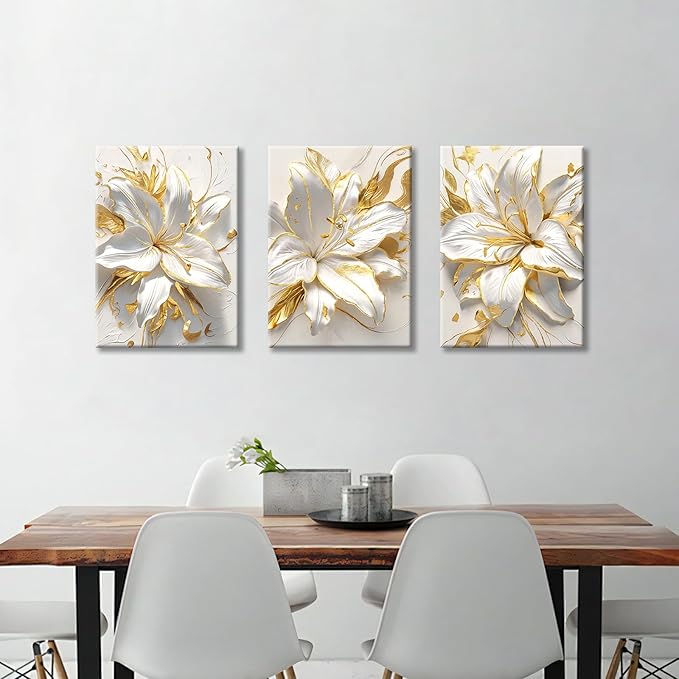 WENGTIAO 3Pcs Elegant White Lily Flowers Canvas Wall Art Boho White Floral Gold Edges Prints Pictures Paintings Beige Blossom Artwork for Living Room Bedroom Office Bathroom 16”x24 x3